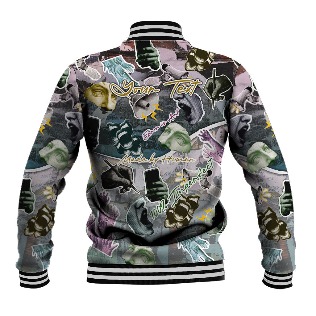 Personalized Made By Human Imperfect Statue Faces Baseball Jacket Handmade Look Grunge Collage Pop Art
