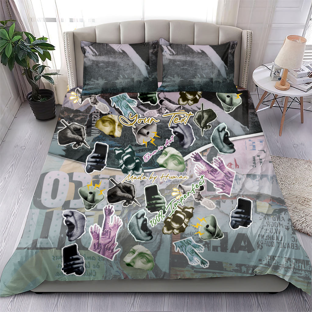 Personalized Made By Human Imperfect Statue Faces Bedding Set Handmade Look Grunge Collage Pop Art
