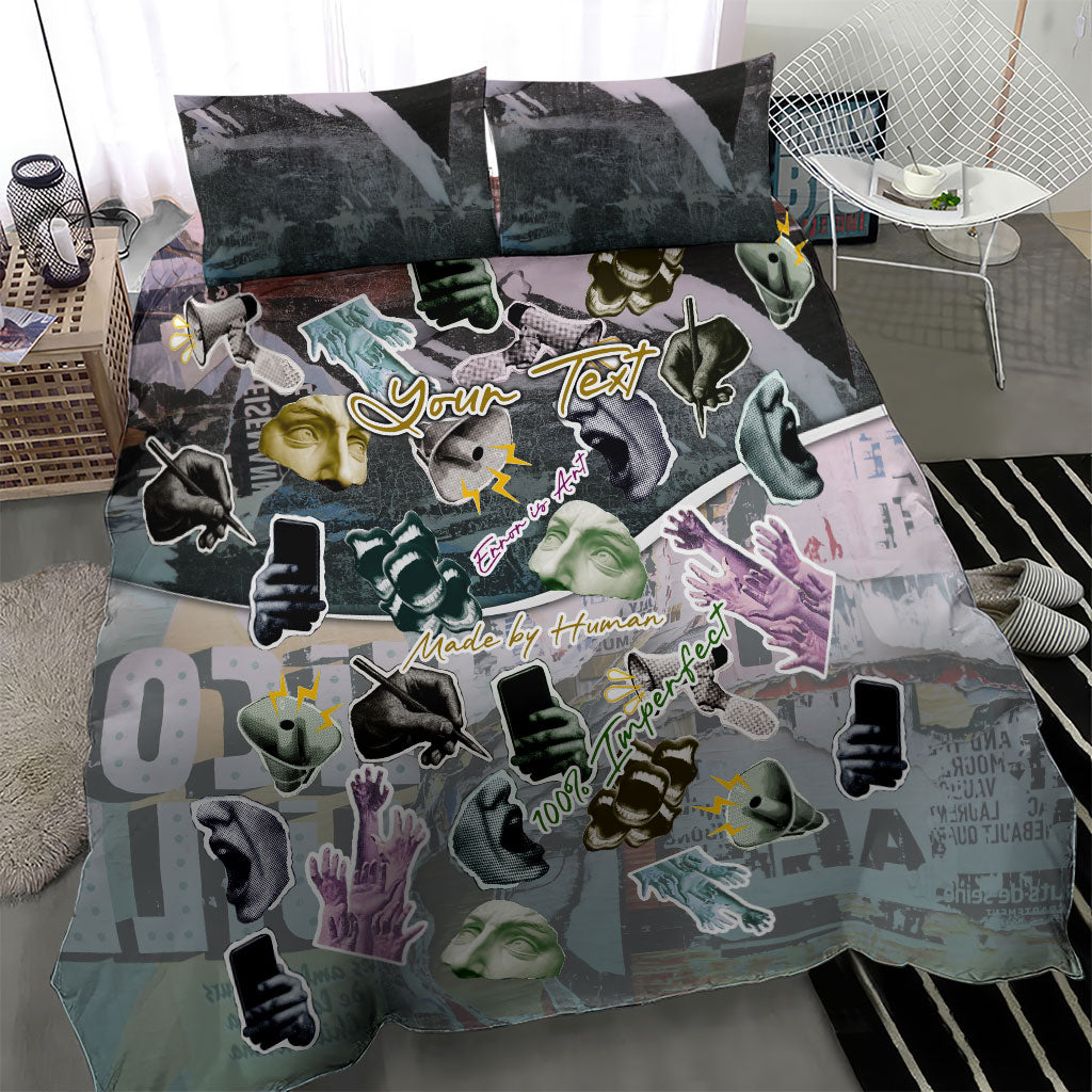 Personalized Made By Human Imperfect Statue Faces Bedding Set Handmade Look Grunge Collage Pop Art
