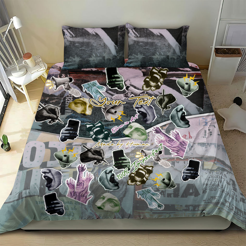 Personalized Made By Human Imperfect Statue Faces Bedding Set Handmade Look Grunge Collage Pop Art