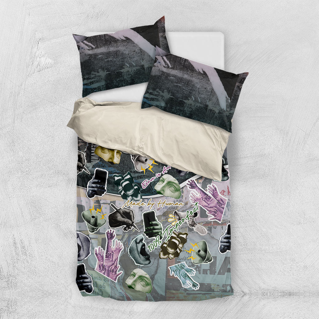 Personalized Made By Human Imperfect Statue Faces Bedding Set Handmade Look Grunge Collage Pop Art