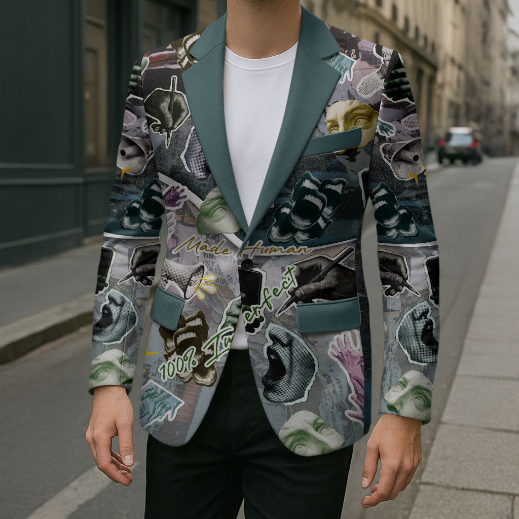 Personalized Made By Human Imperfect Statue Faces Blazer Handmade Look Grunge Collage Pop Art