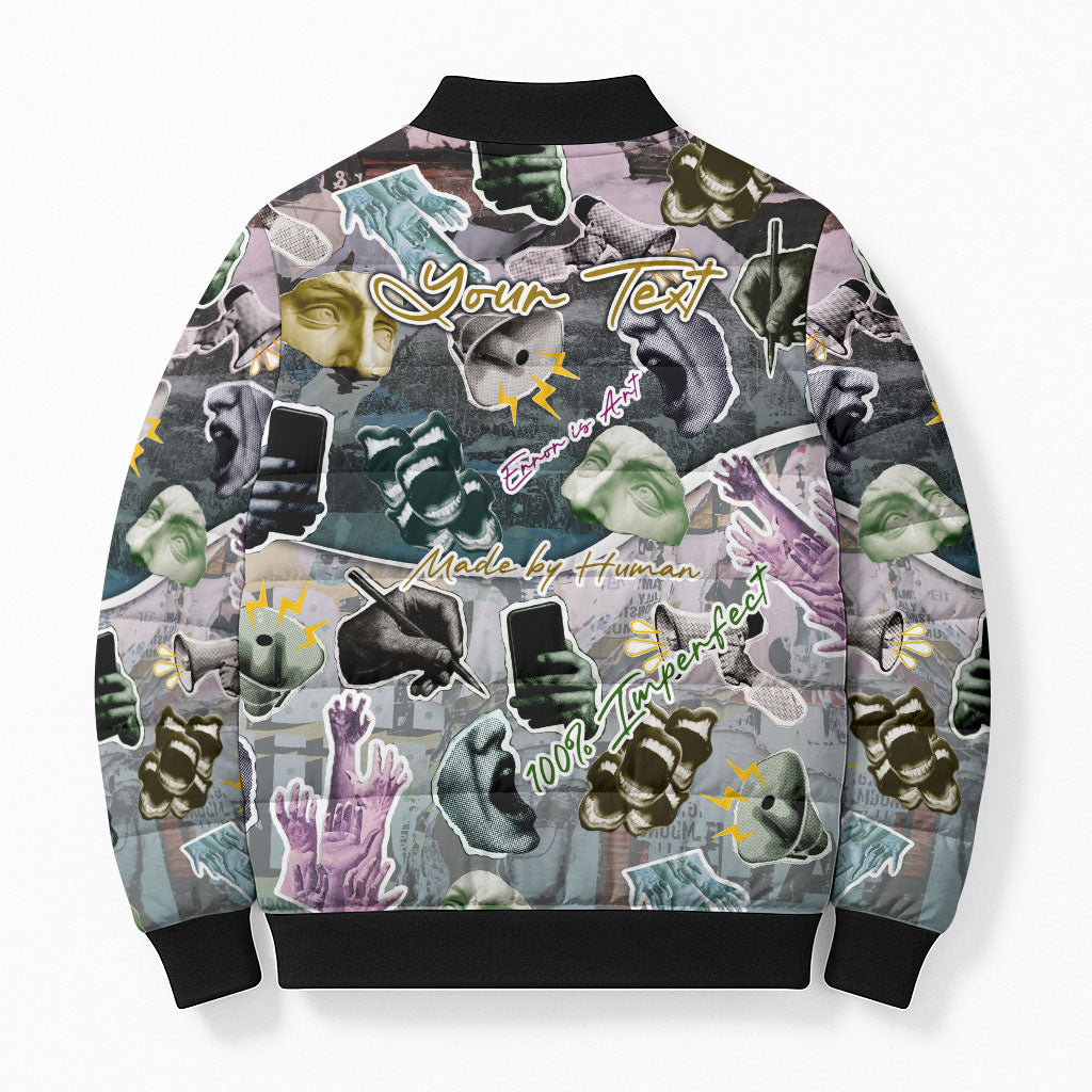 Personalized Made By Human Imperfect Statue Faces Bomber Puffer Jacket Handmade Look Grunge Collage Pop Art