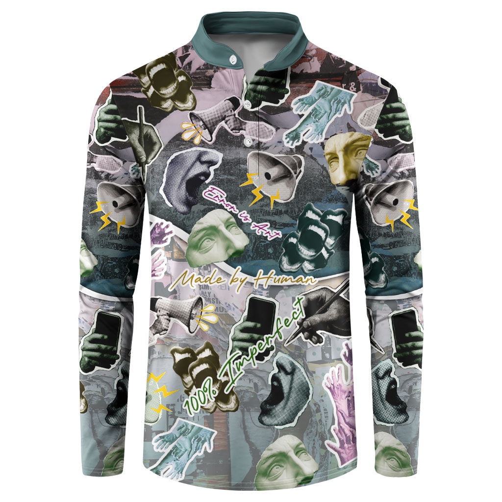 Personalized Made By Human Imperfect Statue Faces Button Sweatshirt Handmade Look Grunge Collage Pop Art
