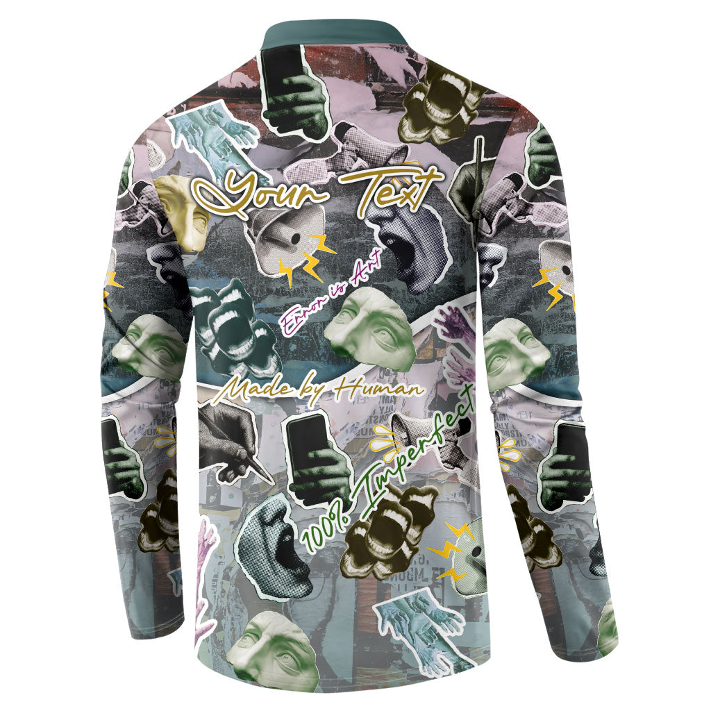 Personalized Made By Human Imperfect Statue Faces Button Sweatshirt Handmade Look Grunge Collage Pop Art