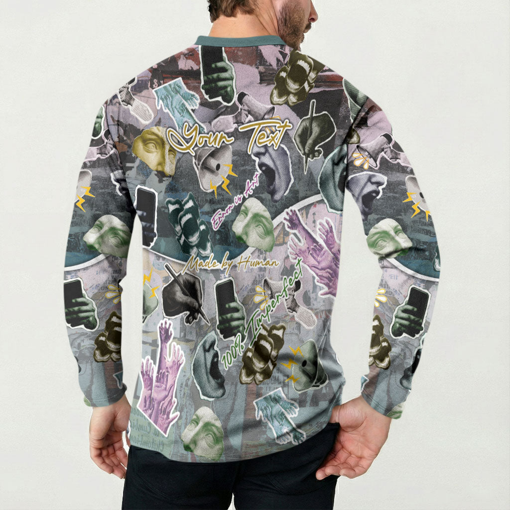 Personalized Made By Human Imperfect Statue Faces Button Sweatshirt Handmade Look Grunge Collage Pop Art
