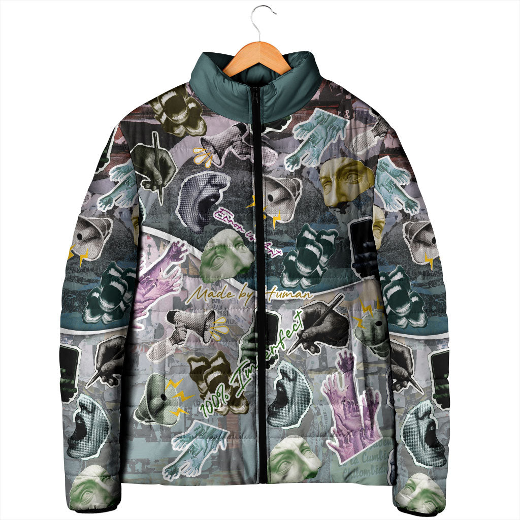 Personalized Made By Human Imperfect Statue Faces Padded Jacket Handmade Look Grunge Collage Pop Art