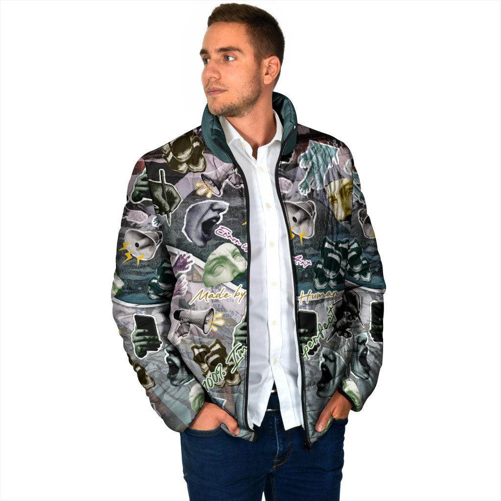 Personalized Made By Human Imperfect Statue Faces Padded Jacket Handmade Look Grunge Collage Pop Art