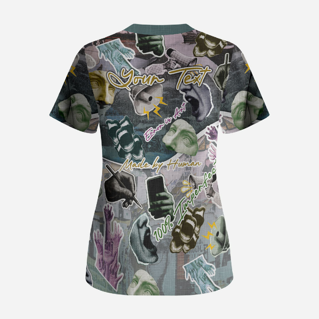 Personalized Made By Human Imperfect Statue Faces Scrub Top Handmade Look Grunge Collage Pop Art