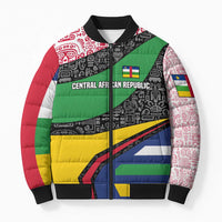 Multicolor bomber puffer jacket with tribal graphic panels and Central African Republic logo