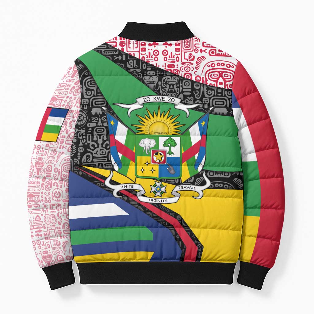 Multicolor bomber puffer jacket back, tribal pattern, green diagonal panel and emblem crest