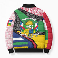Multicolor bomber puffer jacket back, tribal pattern, green diagonal panel and emblem crest