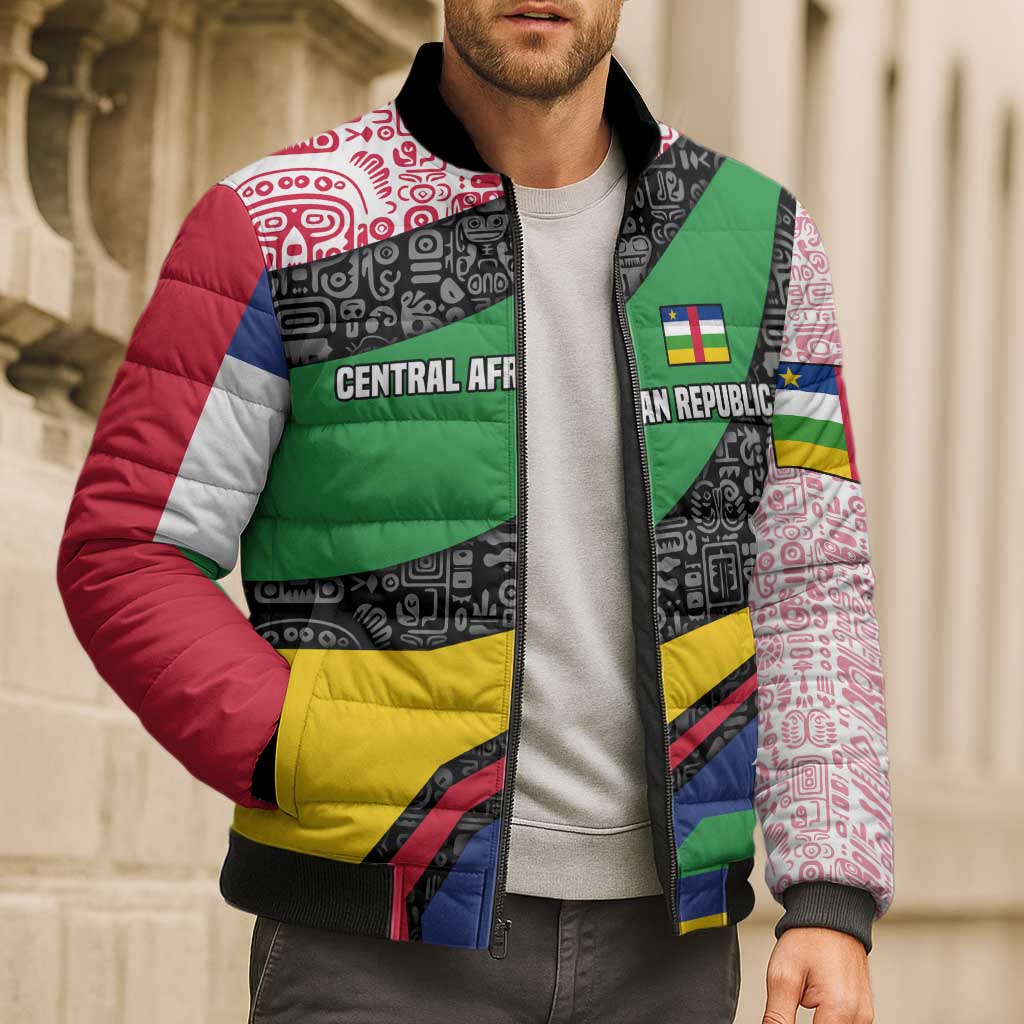 Multicolor bomber puffer jacket, full-zip with Central African Republic patch and tribal sleeves