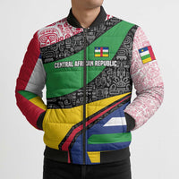 Multicolor bomber puffer jacket, full-zip with green diagonal panel and Central African Republic text