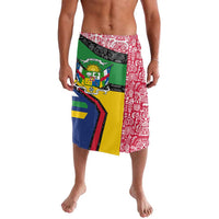 Multicolor tribal lavalava wrap skirt with Central emblem graphic, red and black