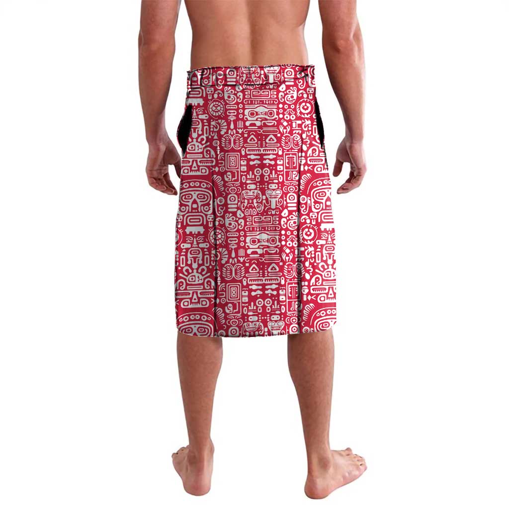 Red multicolor-pattern lavalava wrap skirt with geometric motifs, back view