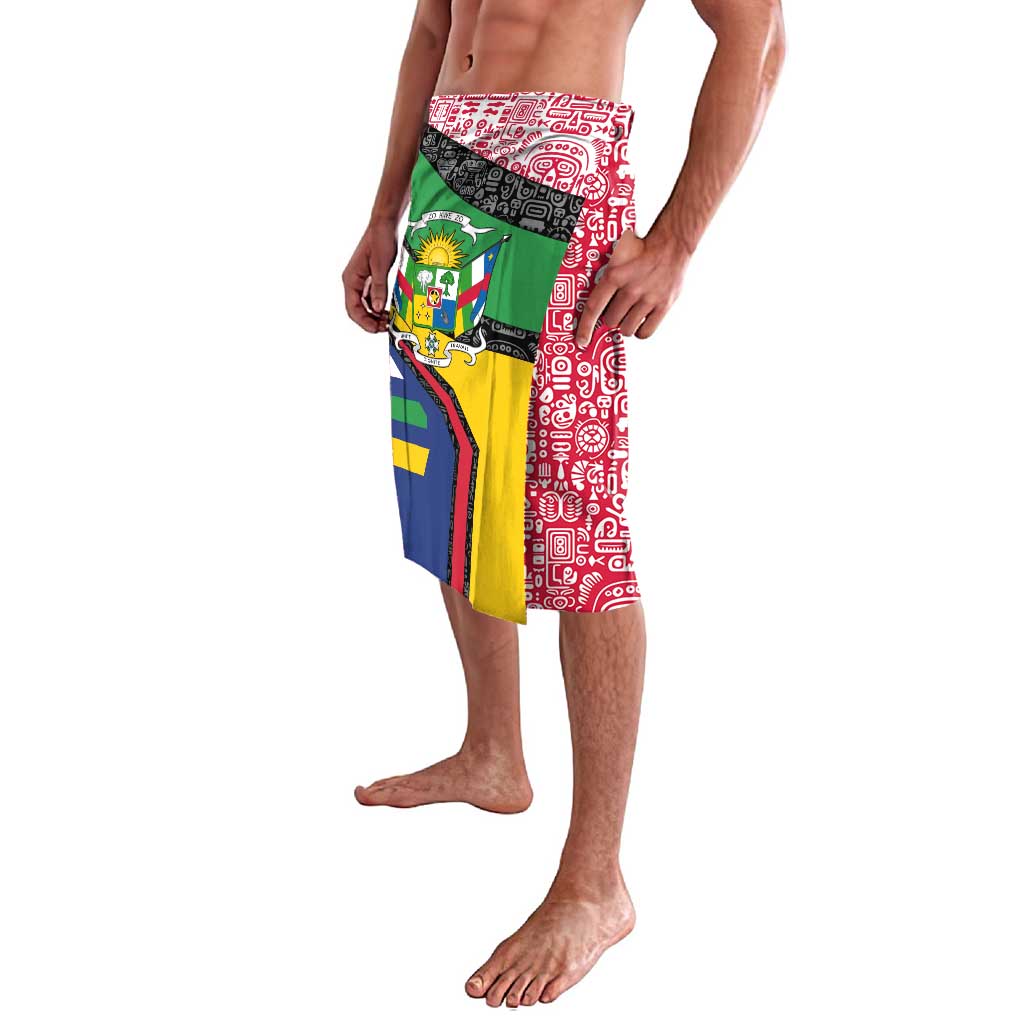 Multicolor tribal lavalava wrap skirt with emblem and red geometric border, side view
