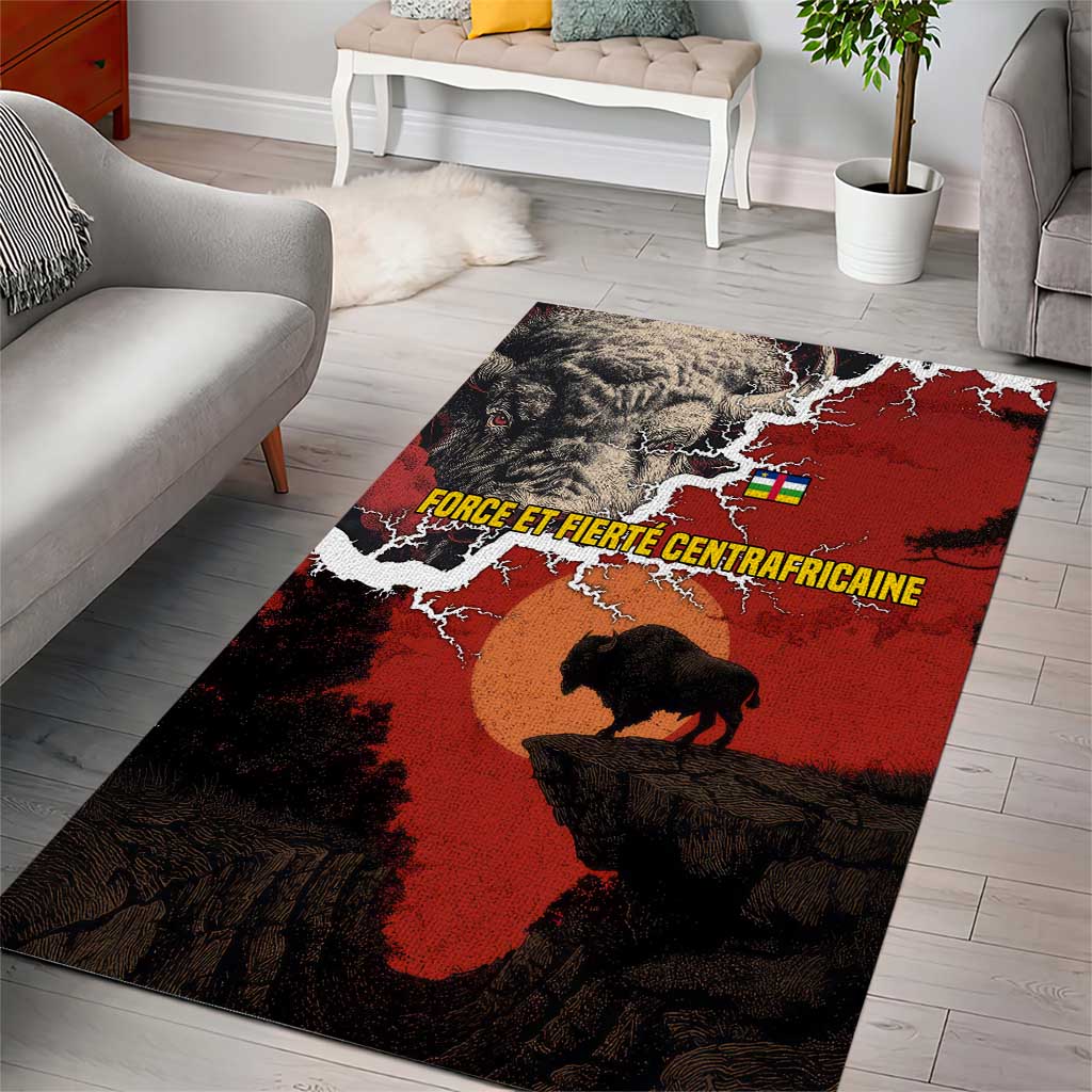 Red and black area rug with buffalo silhouette and map-like print
