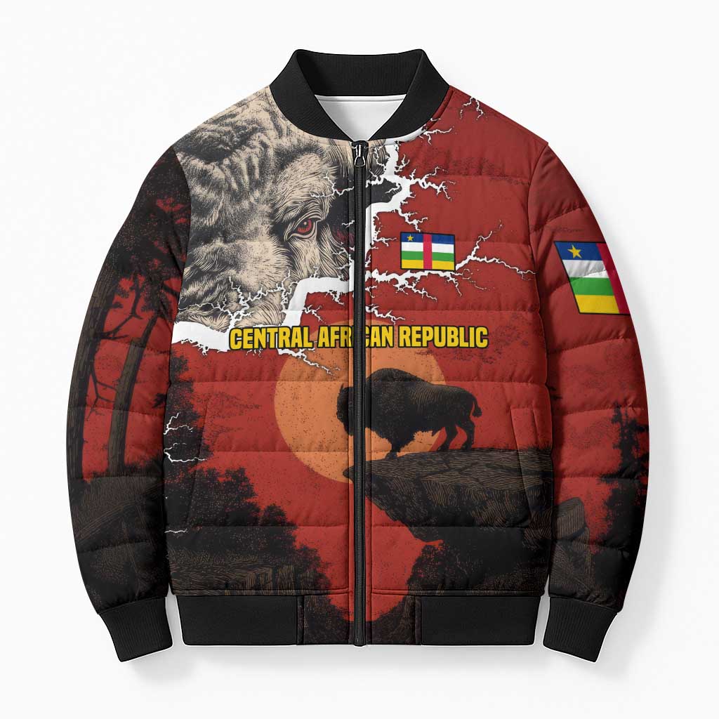 Central African Republic Bomber Puffer Jacket with Red Black Nature Design and Buffalo Pattern - Wonder Print Shop