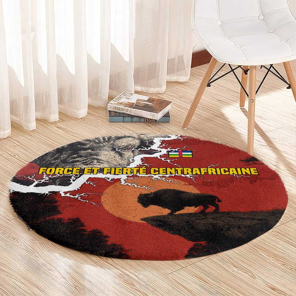 Central African Republic Round Carpet with Red Black Nature Design and Buffalo Pattern - Wonder Print Shop