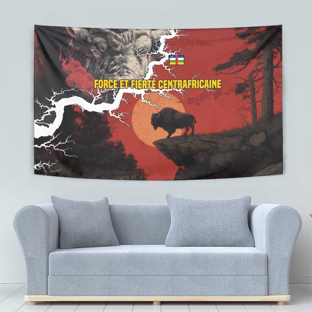 Central African Republic Tapestry with Red Black Nature Design and Buffalo Pattern - Wonder Print Shop