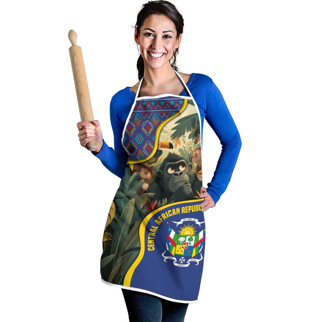 Multicolor apron with jungle animal print and Central African emblem, worn with white straps