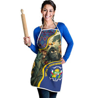 Multicolor apron with jungle animal print and Central African emblem, worn with white straps