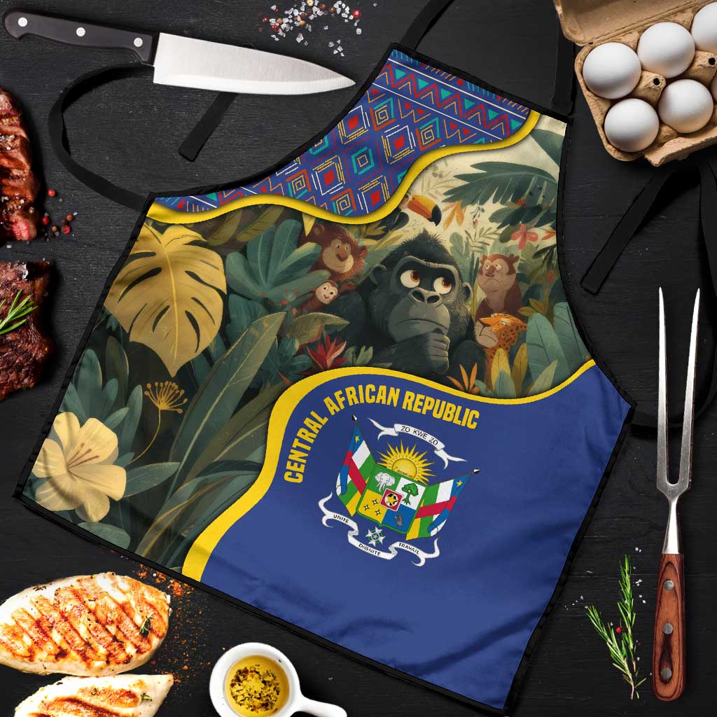 Multicolor apron featuring jungle animal pattern and Central African emblem, no straps shown