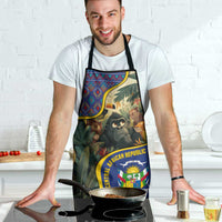Multicolor apron with jungle animal print and Central African emblem, black neck straps