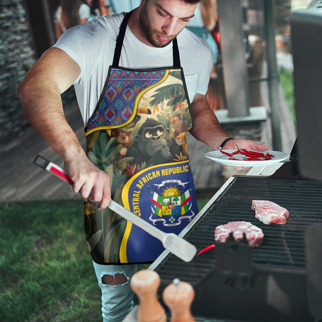 Multicolor apron with jungle animal print and Central African emblem, black straps on man