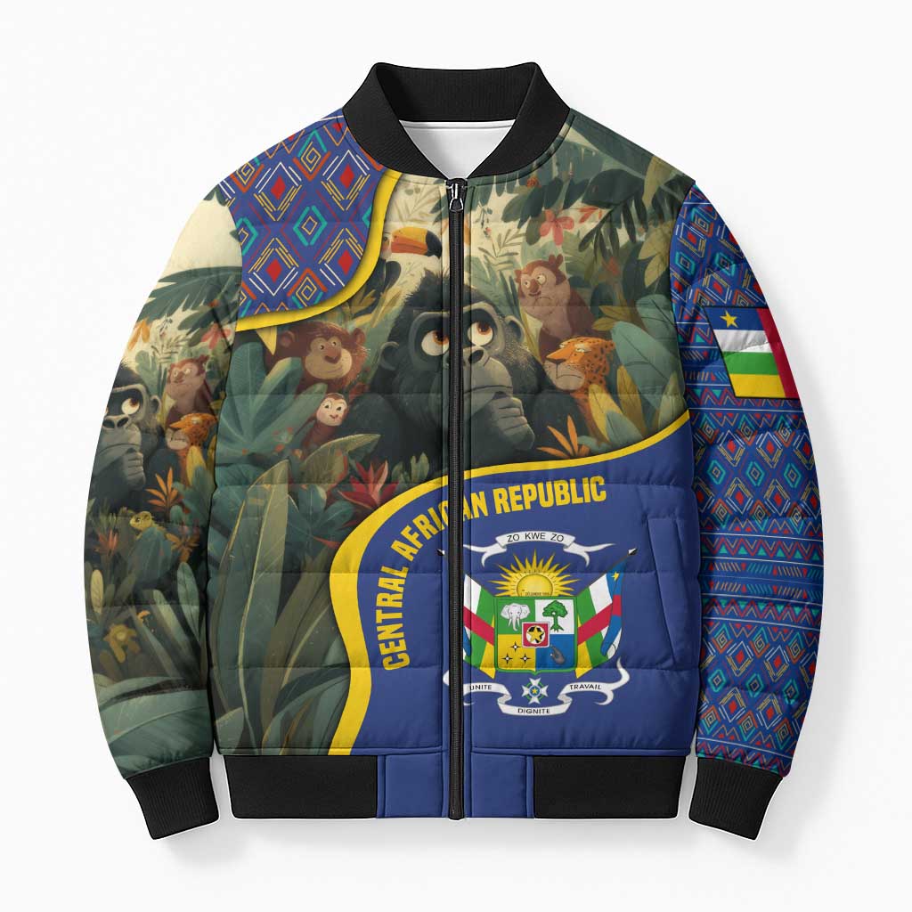 Central African Republic Bomber Puffer Jacket with Jungle Animal Design and National Emblem Pattern - Wonder Print Shop