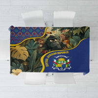 Jungle animal tablecloth with Central African Republic emblem and multicolor border, blue base.