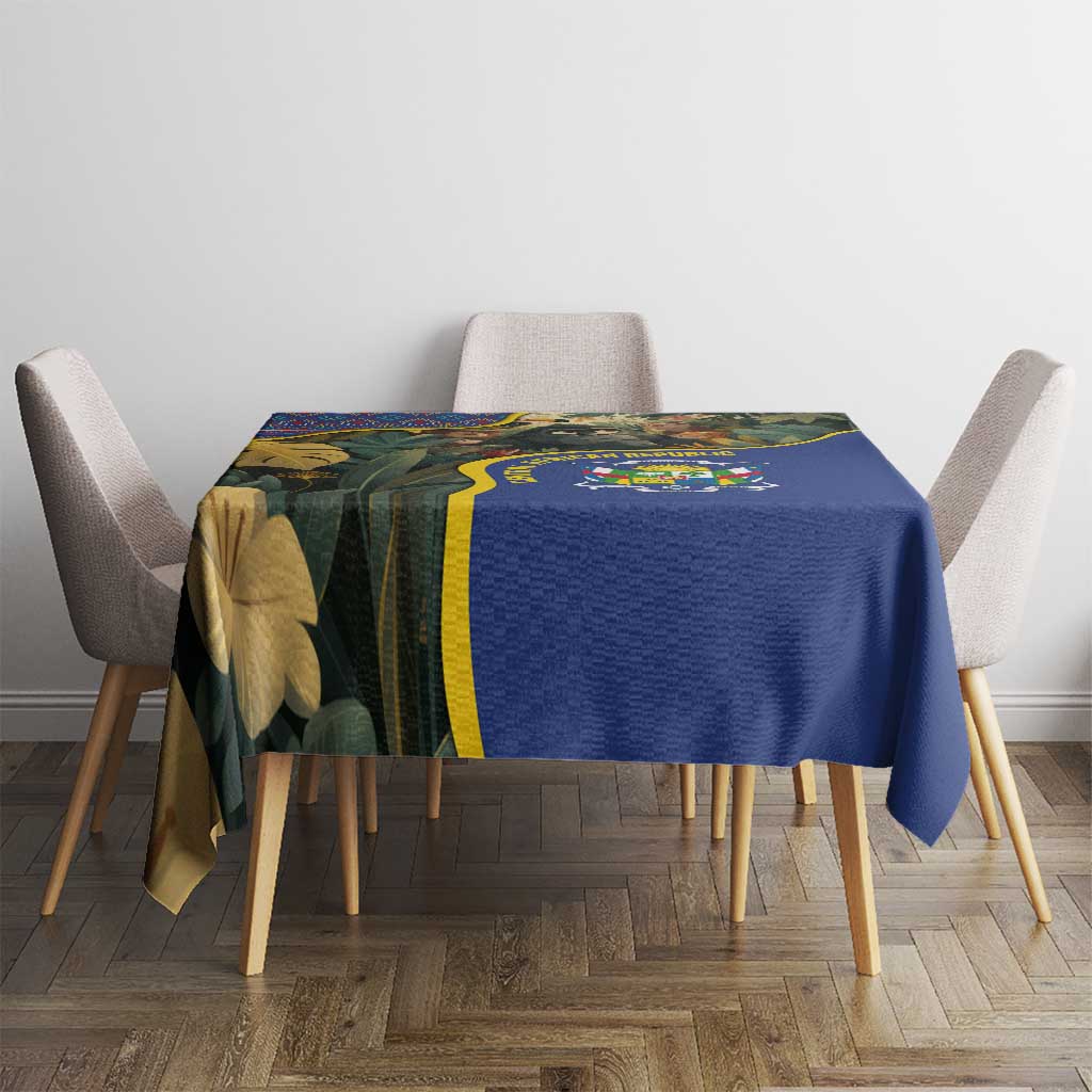 Square blue tablecloth with Central African Republic emblem and multicolor jungle design.
