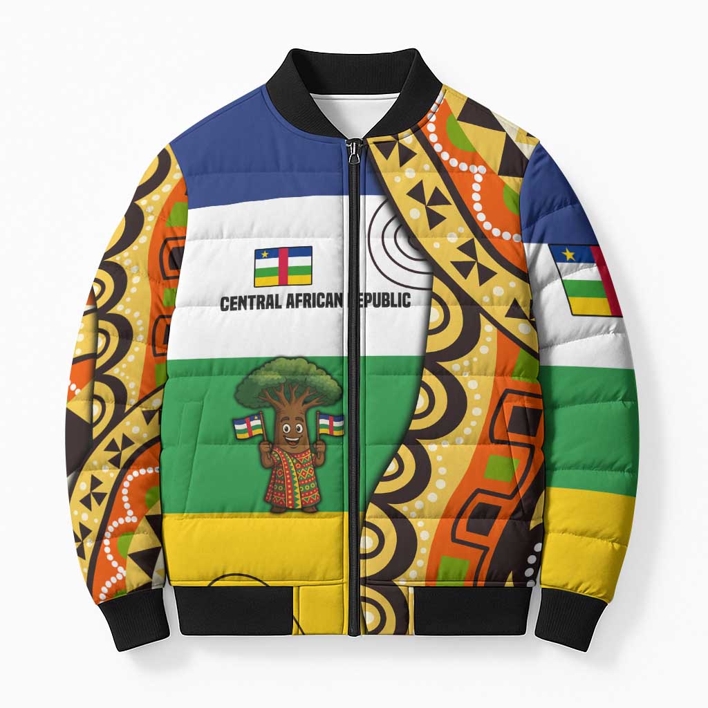 Central African Republic Bomber Puffer Jacket with Cartoon Baobab Design and Flag Pattern - Wonder Print Shop