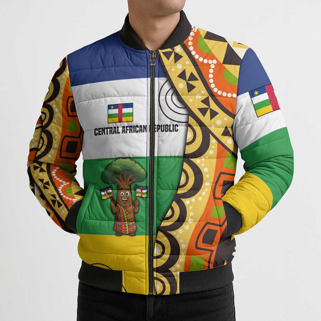 Central African Republic Bomber Puffer Jacket with Cartoon Baobab Design and Flag Pattern - Wonder Print Shop