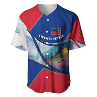 Liechtenstein baseball jersey in blue and red with landscape graphic and crown emblem