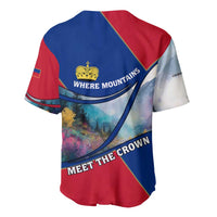 Liechtenstein baseball jersey back in blue and red with crown text 'WHERE MOUNTAINS'