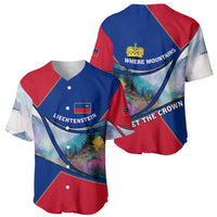 Set of Liechtenstein baseball jerseys, front and back views with crown and mountain graphic