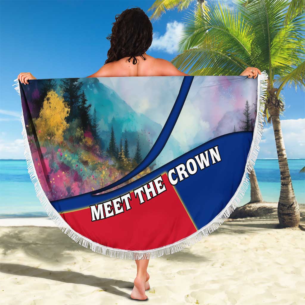 Liechtenstein Beach Blanket with Red Blue Mountain Landscape Design and Crown Emblem - Wonder Print Shop