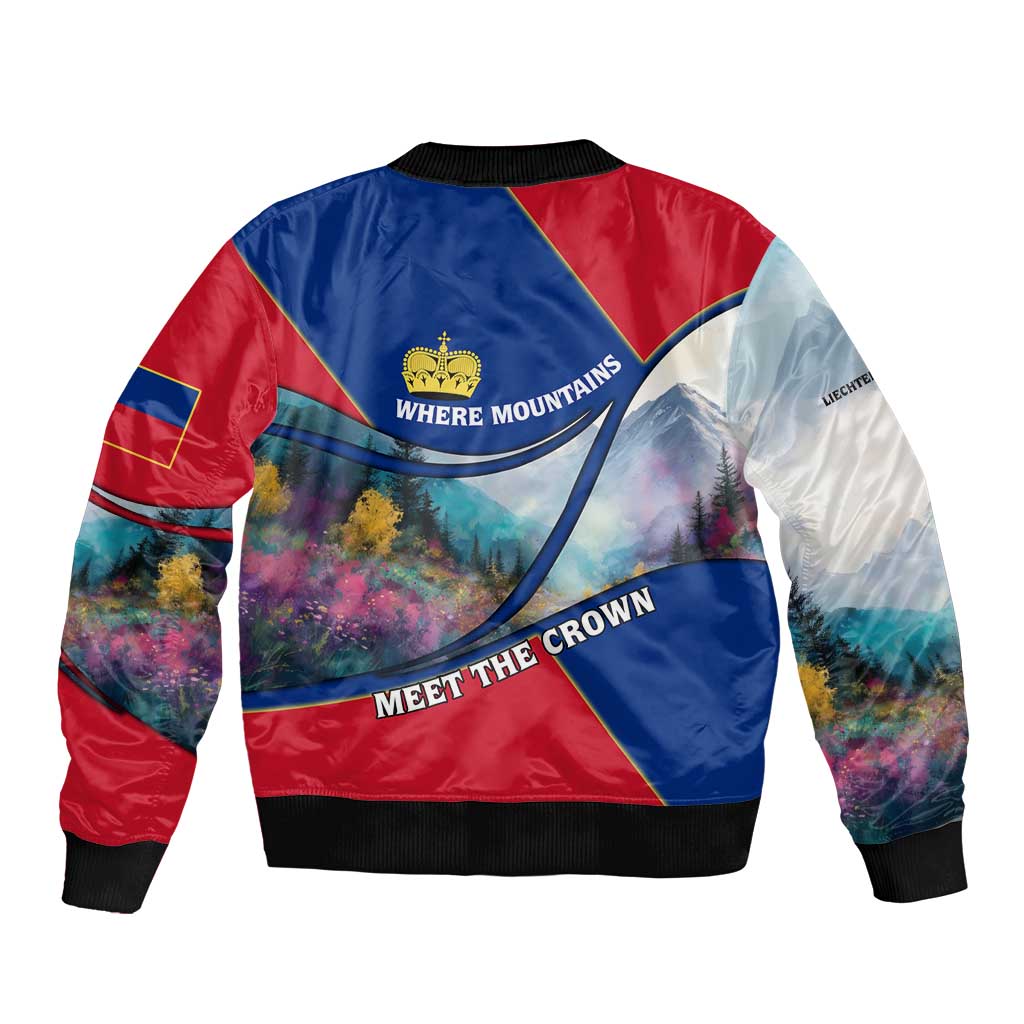 Liechtenstein Bomber Jacket with Red Blue Mountain Landscape Design and Crown Emblem - Wonder Print Shop