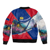 Liechtenstein Bomber Jacket with Red Blue Mountain Landscape Design and Crown Emblem - Wonder Print Shop
