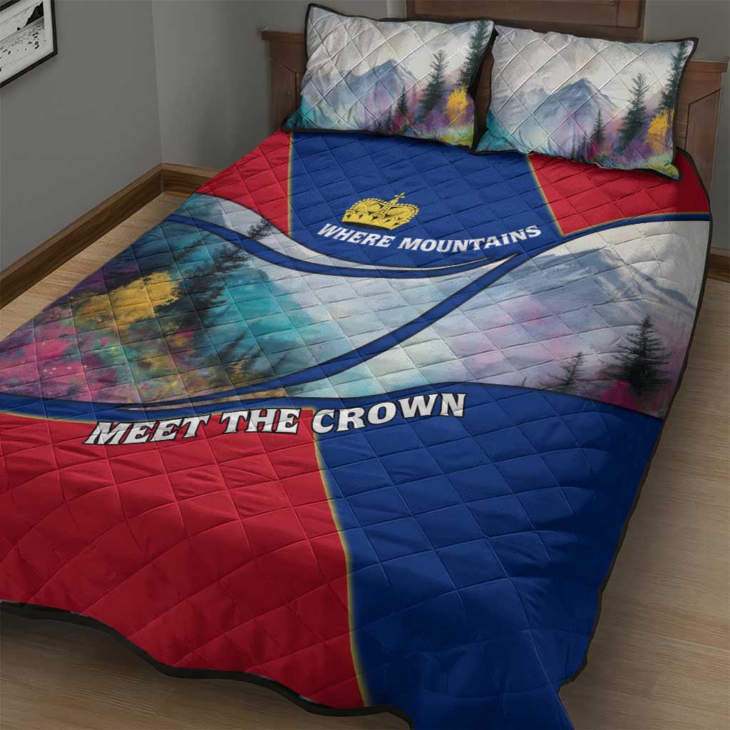 Quilt bed set showing multicolor mountain scene, red and blue panels with “MEET THE CROWN”