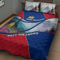 Quilt bed set showing multicolor mountain scene, red and blue panels with “MEET THE CROWN”