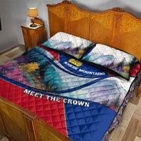 Liechtenstein quilt bed set with two pillows, mountain print and “MEET THE CROWN” on red-blue quilt