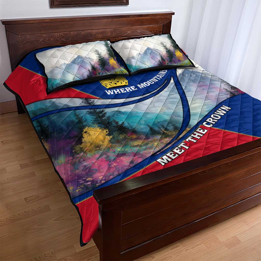 Quilt bed set with mountain landscape design, red blue white blocks and “WHERE MOUNTAINS”
