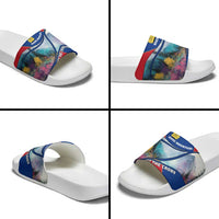 White slide sandals with multicolor mountain graphic strap and crown emblem, product views