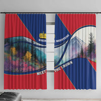 Red and blue window curtain panels with mountain scene and gold crown emblem.
