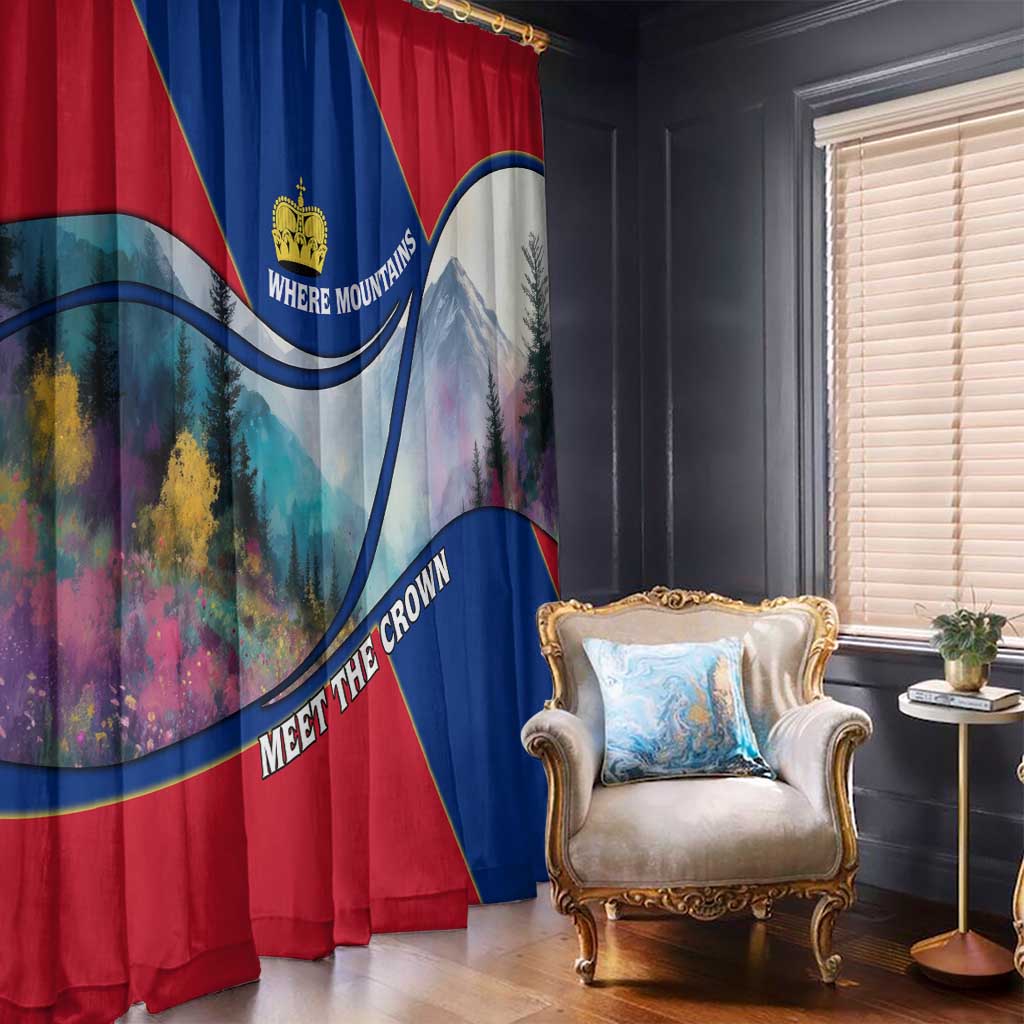 Window curtain panel with red/blue diagonal stripes, mountain landscape, and crown crest.