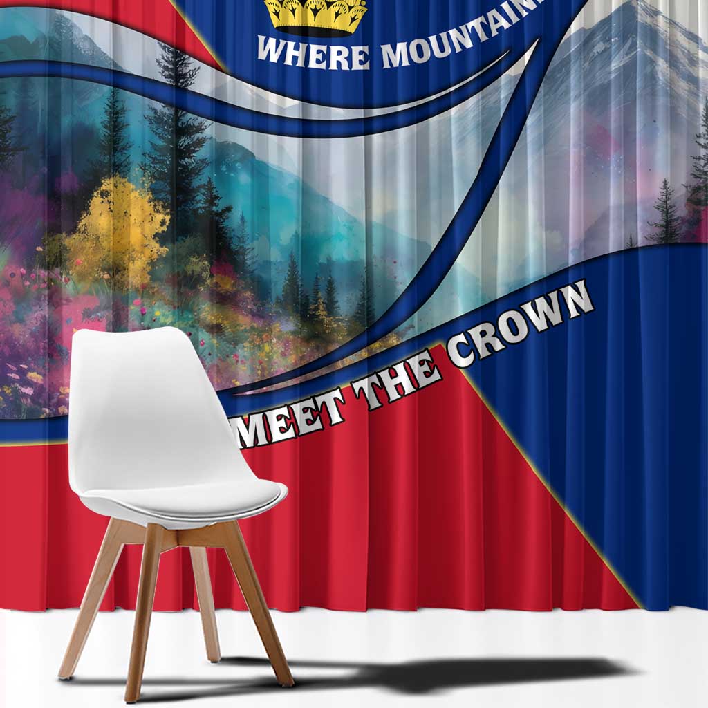 Red and blue window curtain with mountain artwork, crown emblem, and arched text detail.