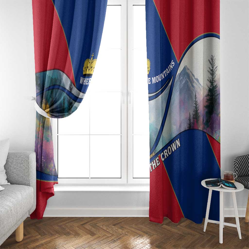 Pair of red and blue mountain-themed window curtains framing a white door.